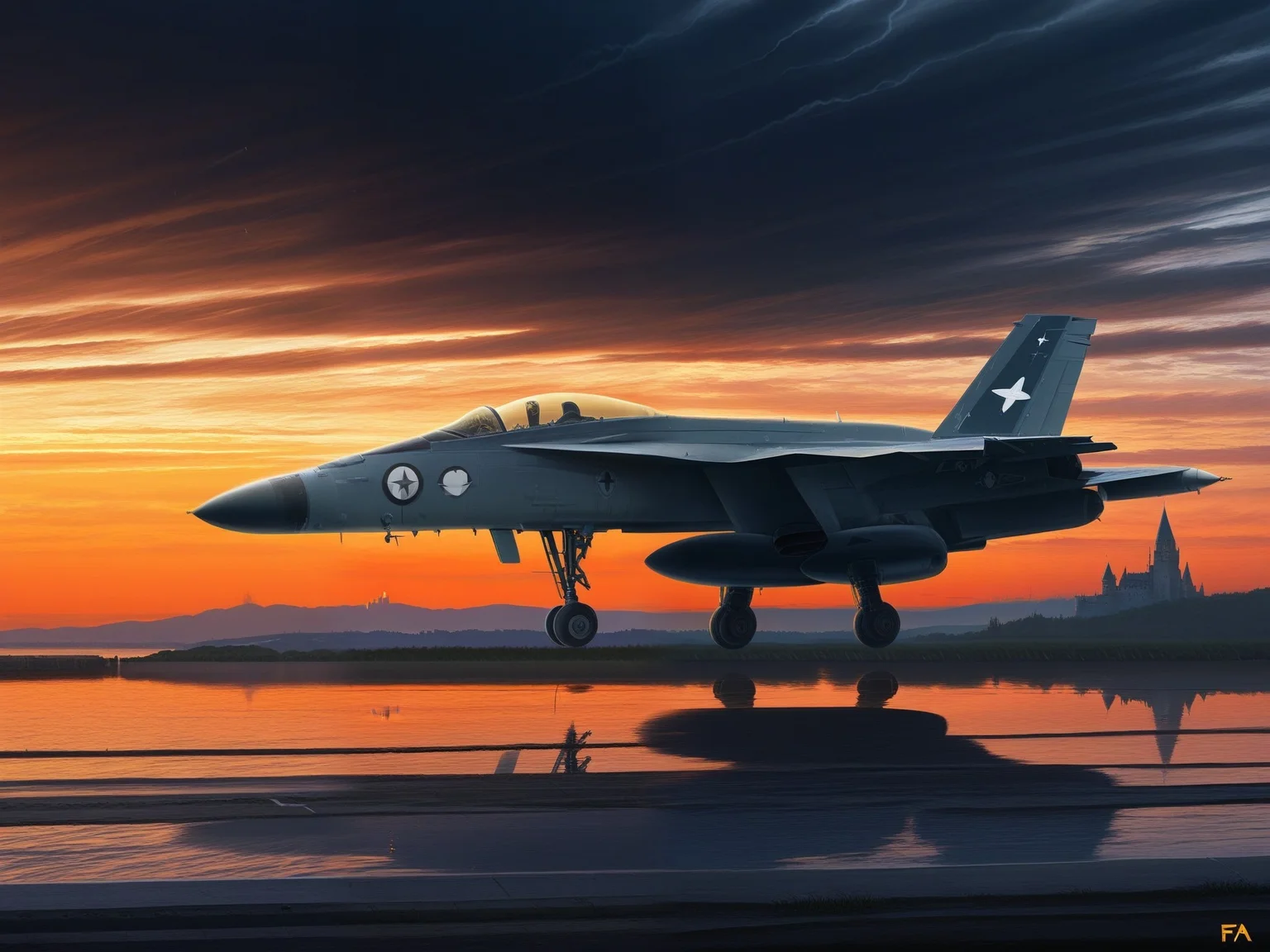 <lora:FA-18_Illustrious:1.0>,(F/A-18),aircraft, roundel,(realistic),sunset, storm,(castle), lake
