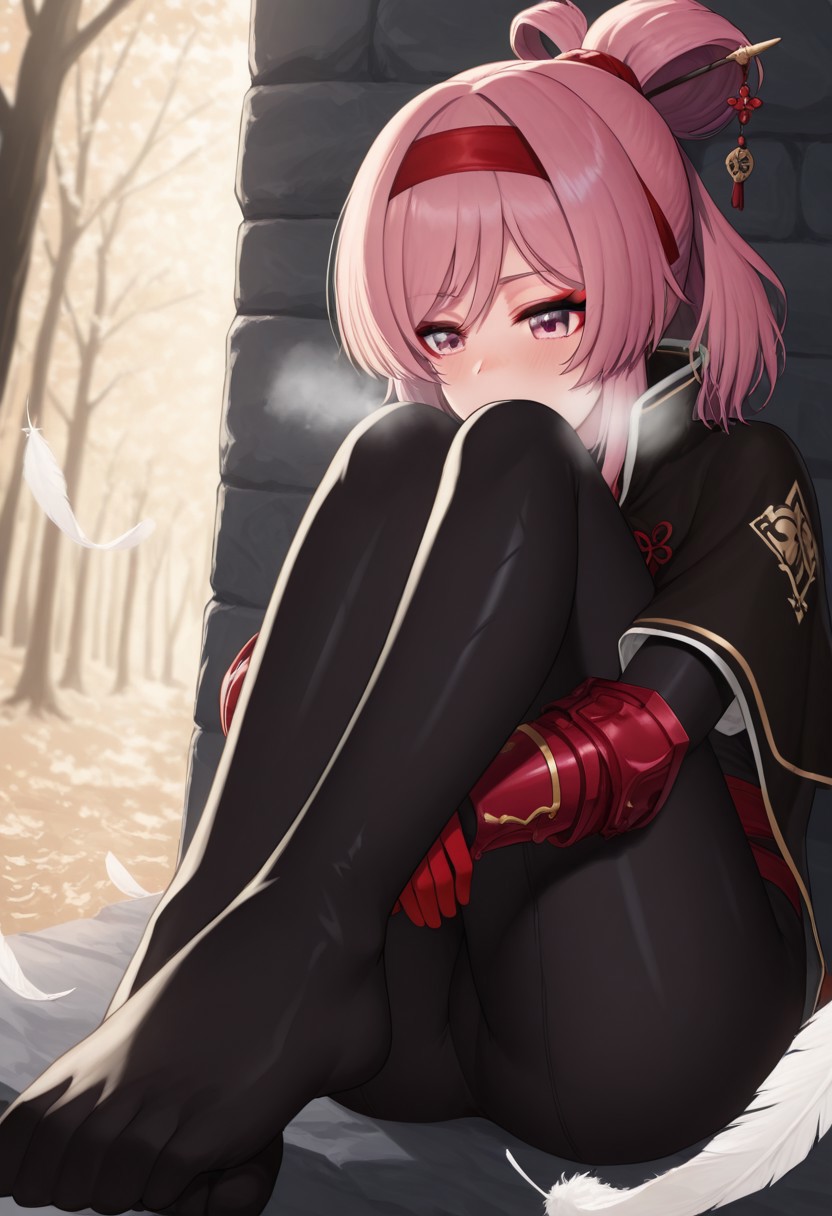 ayul,  outdoors, undershirt, falling feathers, black bodysuit, hair stick, hugging own legs, , gauntlets,   eyeshadow,   red gloves,  high ponytail,  , black capelet, red hairband, pink eyes, 1girl, solo, feet, visible breath,   dynamic angle, foreshortening, smell, steam,