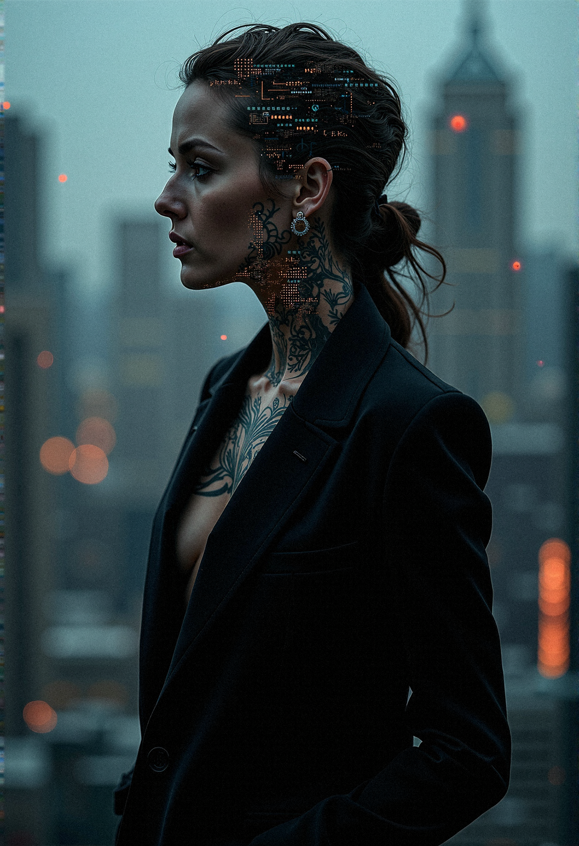a photorealistic photography of a woman in a black suit with intricate tattoos with digital patterns. Her form shifts between a solid, authoritative presence and a fragmented digital entity, the background a blend of high-tech cityscape and a data-infused matrix.