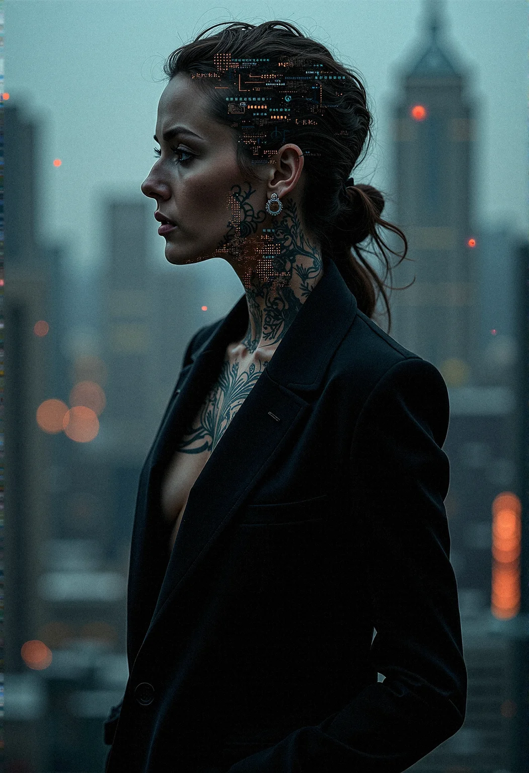 a photorealistic photography of a woman in a black suit with intricate tattoos with digital patterns. Her form shifts between a solid, authoritative presence and a fragmented digital entity, the background a blend of high-tech cityscape and a data-infused matrix.