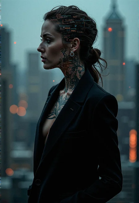 a photorealistic photography of a woman in a black suit with intricate tattoos with digital patterns. Her form shifts between a solid, authoritative presence and a fragmented digital entity, the background a blend of high-tech cityscape and a data-infused matrix.