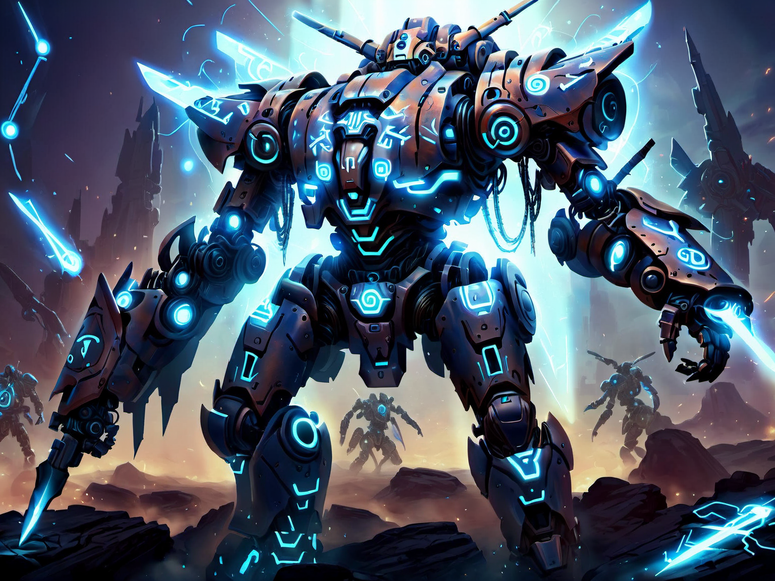<lora:MagicAI:.9>   GlowingRunesAI_paleblue   battle mech , Highly detailed, sci fi fantasy setting, intricate detailed background