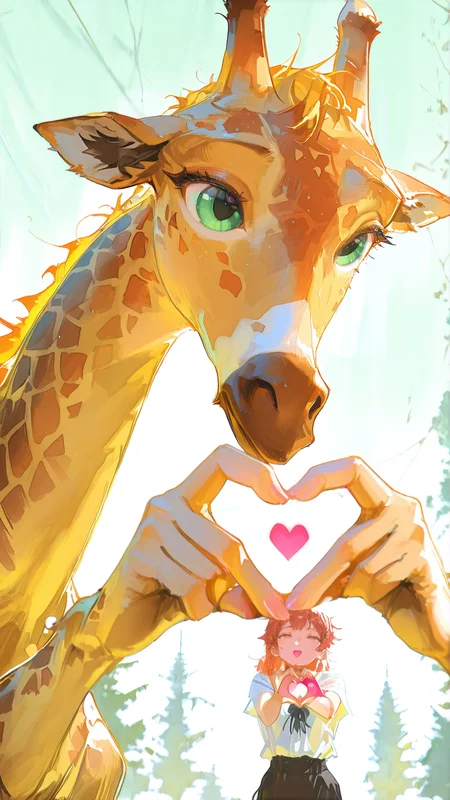 masterpiece, newest,absurdres,incredibly absurdres, best quality, amazing quality, very aesthetic, painterly, 
1girl, 1giraffe, 4-finger heart hands, 
<lora:OTZZK2Rpbm8rZzAxNTgra3VtYWgrbnl0ZQ==-illustriousXL_v01_V1-CAME:1> OTZZK  <lora:BlueFley_Style_-_Illustration:1> by_bluefley <lora:svevsty:1> svevsty
