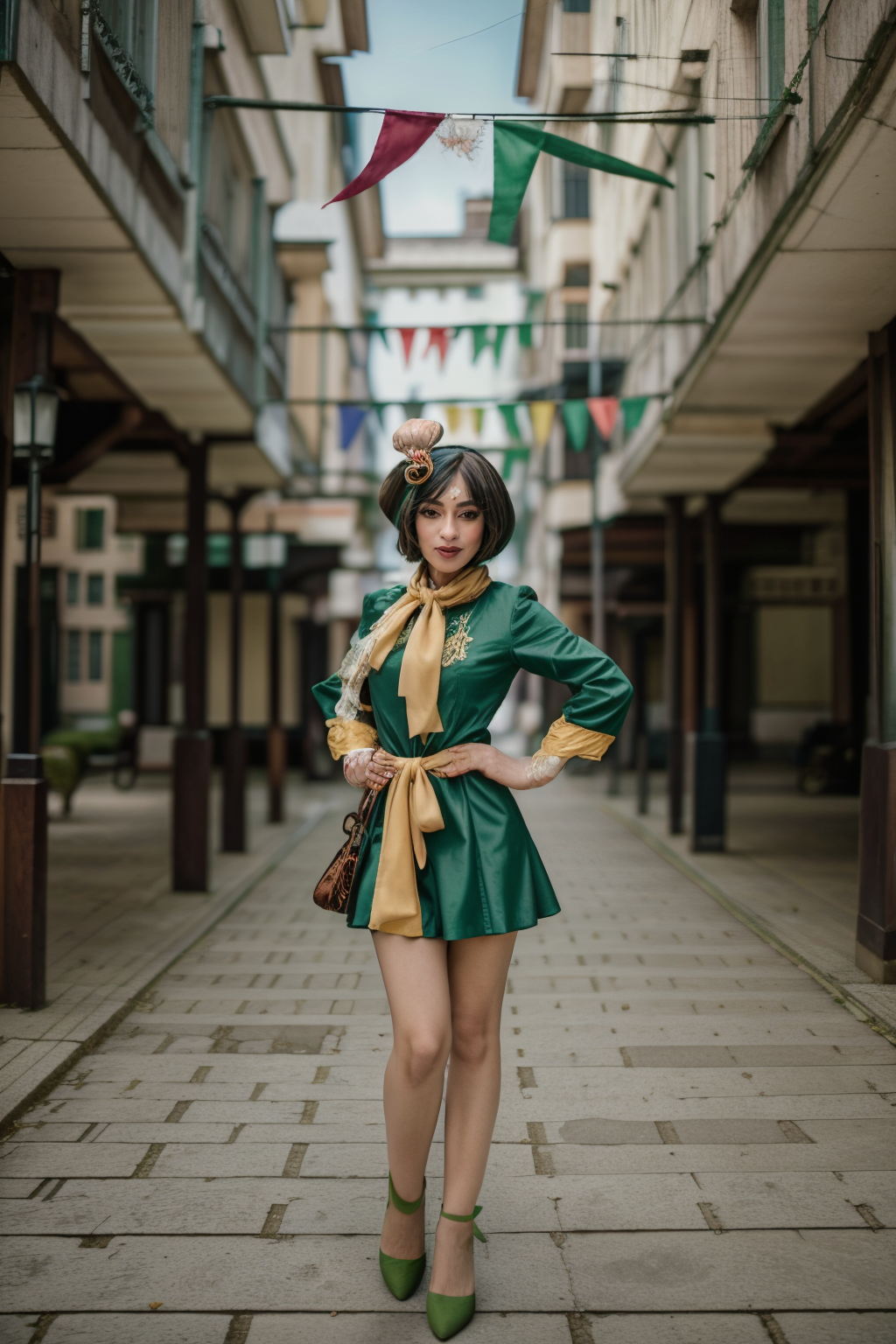 <lora:LCM_LoRA_Weights_SD15:1>,<lora:detail_slider_v4:1.2>,(charming jester) 48year old middle-aged woman, cameltoe:1.3, petite body build, extra long light green Hairs, curtain bangs haircut, , korean, ebony  skin, wearing a jester hat with bells, motley dress with ribbons,colorful jester shoes , colorful scarf, set in Courtyard, open space with cobblestone ground, surrounding walls with ivy, central fountain, colorful pennants hanging above, wooden benches ,(full body:1.3),(full shot:1.3),(wide shot:1.3),(full body portrait:1.3),dutch angle:1.1,time-lapse photography, dynamic motion, fluid transition, changing landscape, evolving scene, captivating visual storytelling, accelerated time,