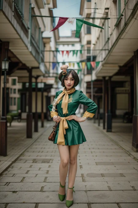 <lora:LCM_LoRA_Weights_SD15:1>,<lora:detail_slider_v4:1.2>,(charming jester) 48year old middle-aged woman, cameltoe:1.3, petite body build, extra long light green Hairs, curtain bangs haircut, , korean, ebony skin, wearing a jester hat with bells, motley dress with ribbons,colorful jester shoes , colorful scarf, set in Courtyard, open space with cobblestone ground, surrounding walls with ivy, central fountain, colorful pennants hanging above, wooden benches ,(full body:1.3),(full shot:1.3),(wide shot:1.3),(full body portrait:1.3),dutch angle:1.1,time-lapse photography, dynamic motion, fluid transition, changing landscape, evolving scene, captivating visual storytelling, accelerated time,