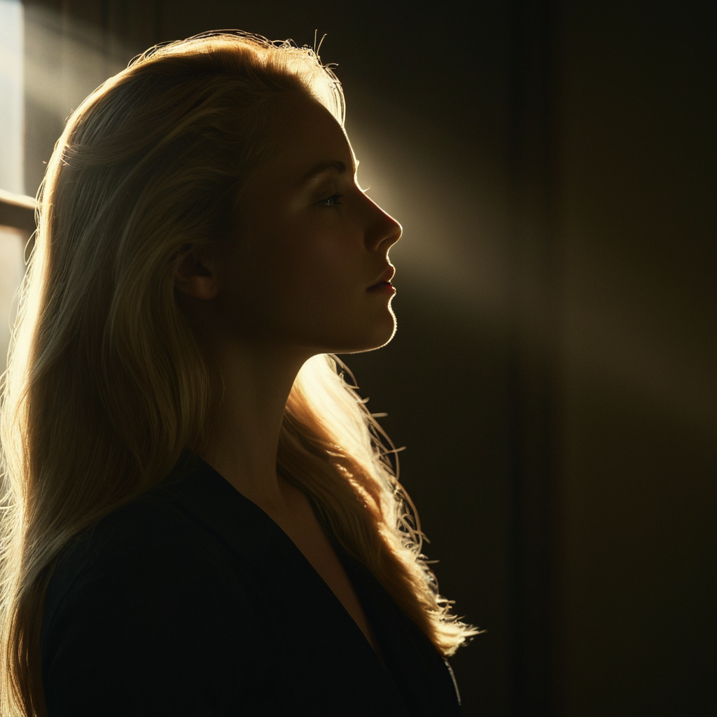 cinematic film still of  <lora:Low-key lighting Style:1>
dim light, low light, dramatic light, partially covered in shadow, a woman standing in front of a window with a light coming through it Low-key lighting Style,1girl,solo,long hair,blonde hair,closed eyes,upper body,indoors,from side,window,profile,sunlight,looking up,light rays,light,sunbeam, shallow depth of field, vignette, highly detailed, high budget, bokeh, cinemascope, moody, epic, gorgeous, film grain, grainy
