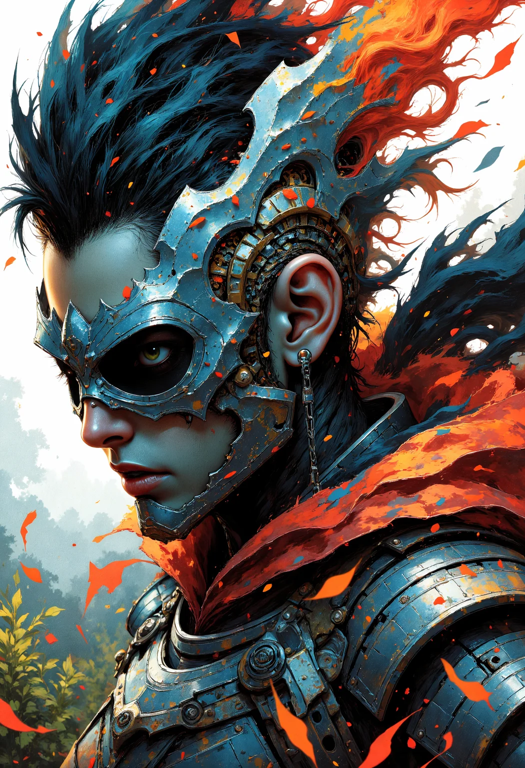masterpiece, high-quality, A dramatic close-up of a fierce female warrior, her sharp features framed by angular windswept hair, Thick exaggerated line art emphasizes the intricate details of her battle-worn armor, while faint glowing runes pulse along its edges, The blurred battlefield behind her adds depth to the intense scene, (elaborate fine details:1.1), (hyperdetailed:1.1), (intricate details:1.0), (Refined details:1.1), (best quality:1.1), (high resolution:1.2), , <lora:FLUX\EmberveilV3:1.0>