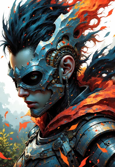 masterpiece, high-quality, A dramatic close-up of a fierce female warrior, her sharp features framed by angular windswept hair, Thick exaggerated line art emphasizes the intricate details of her battle-worn armor, while faint glowing runes pulse along its edges, The blurred battlefield behind her adds depth to the intense scene, (elaborate fine details:1.1), (hyperdetailed:1.1), (intricate details:1.0), (Refined details:1.1), (best quality:1.1), (high resolution:1.2), , <lora:FLUX\EmberveilV3:1.0>