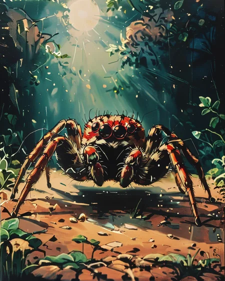 photograph, Spider, spotlight, Sony A9 II, F/8, very detailed, amazing quality, intricate, cinematic light, highly detail, beautiful, surreal, dramatic <lora:Vintage_Anime:1>