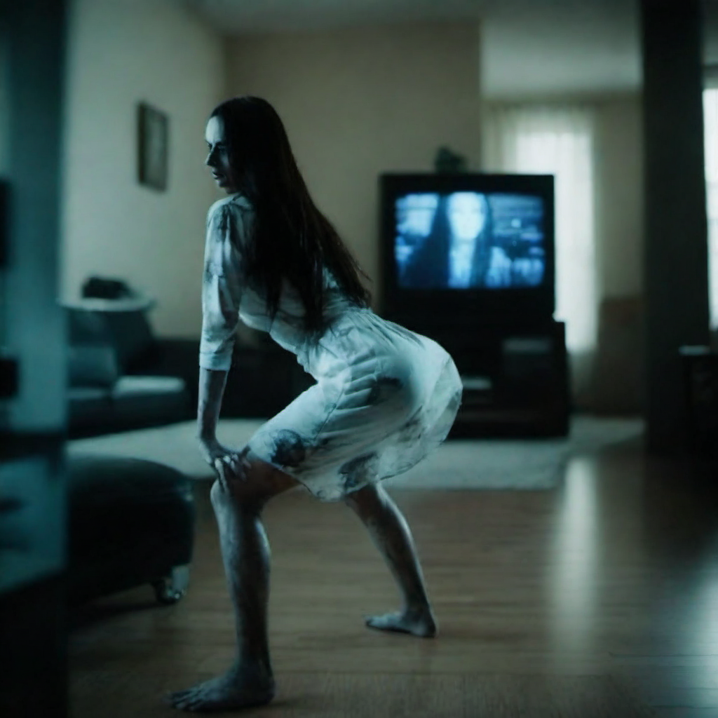 cinematic photo  a creepy woman wears a dirty white dress, face hidden by hair, twerks in front of a lcd tv, stylish appartment <lora:lcm_lora_sdxl:1> <lora:TheRing1024:0.85> . 35mm photograph, film, bokeh, professional, 4k, highly detailed