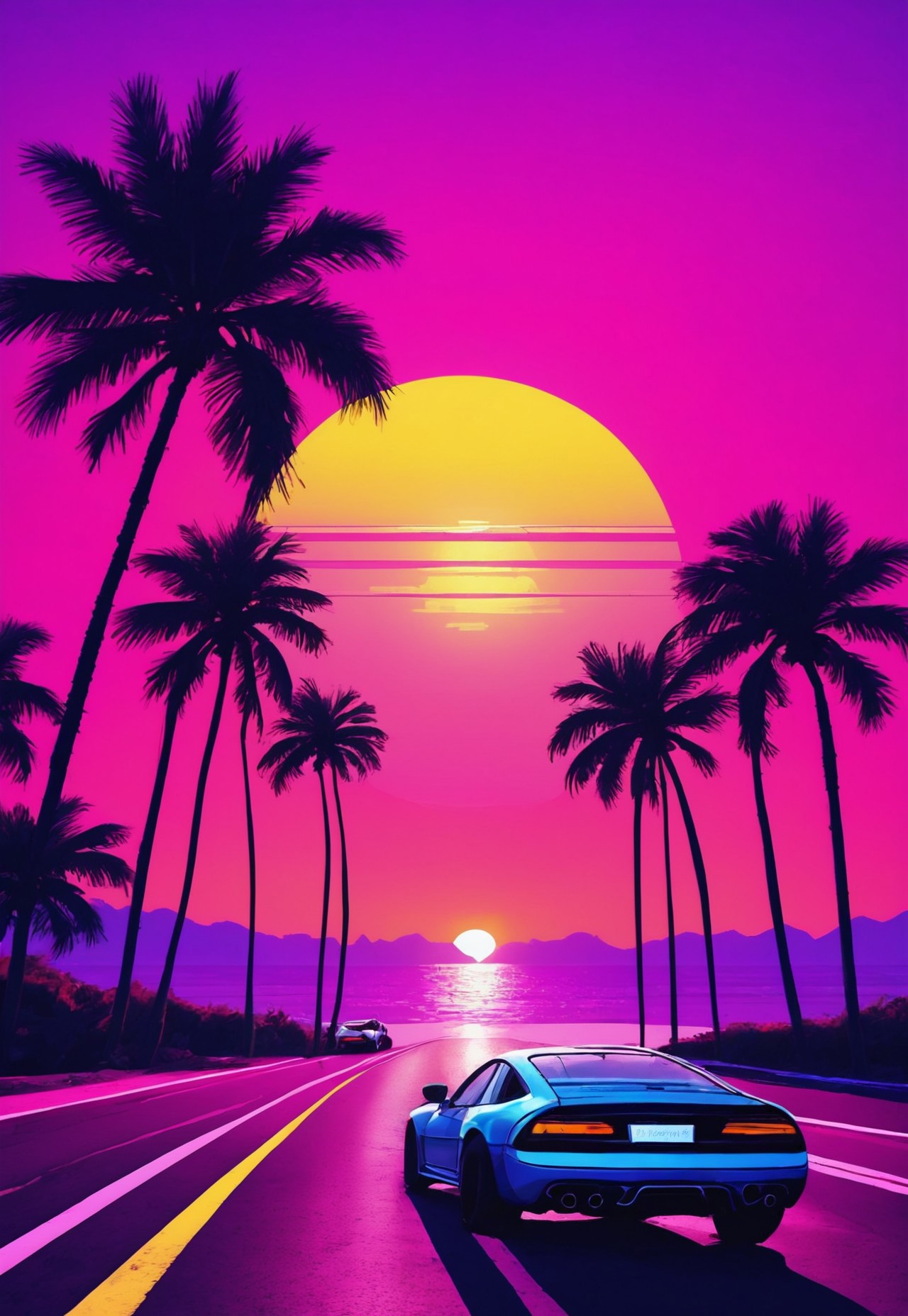 synthworld, synthwave, , retro, car, black palm trees, sunset