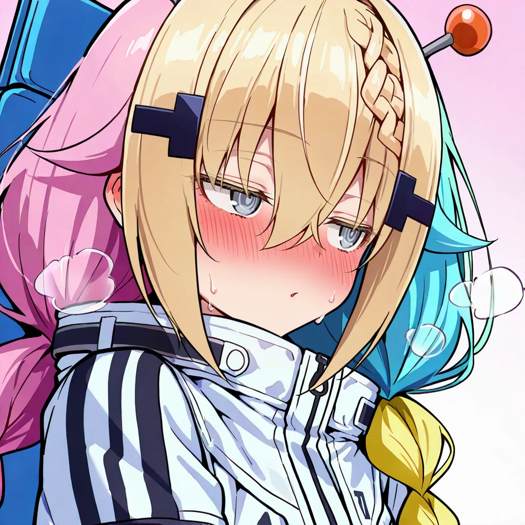 <lora:toytoyMFG>,upper body,simple background,1girl,hair ornament,toytoy(MFG),blonde hair,multicolored hair,blue hair,pink hair,half-closed eyes,looking away,heavy breathing,
white jacket,
blush,nose blush,female pervert,one girl,sweat,sweaty,score_9,score_8_up. score_7_up,masterwork,masterpiece,