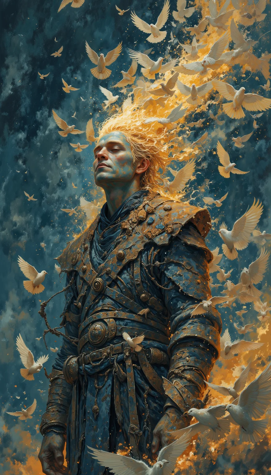 (in Otomo Katsuhiro style:1.2), masterpiece, high-quality, An ancient figure with eyes closed, their body dissolving into flocks of birds that shimmer in the twilight, each feather carries a hint of color from dusks last light, Style is Symbolic realism with surreal transitions, feathered textures, soft illumination, dreamlike and transient, (elaborate fine details:1.1), (hyperdetailed:1.1), (intricate details:1.0), (Refined details:1.1), (best quality:1.1), (high resolution:1.2)