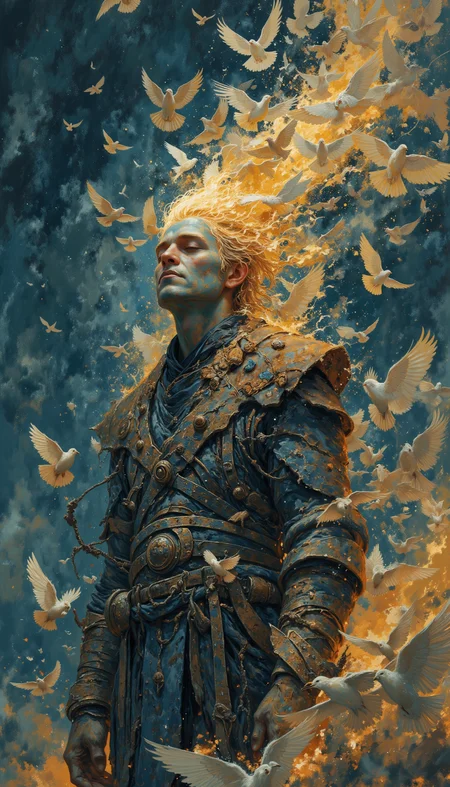 (in Otomo Katsuhiro style:1.2), masterpiece, high-quality, An ancient figure with eyes closed, their body dissolving into flocks of birds that shimmer in the twilight, each feather carries a hint of color from dusks last light, Style is Symbolic realism with surreal transitions, feathered textures, soft illumination, dreamlike and transient, (elaborate fine details:1.1), (hyperdetailed:1.1), (intricate details:1.0), (Refined details:1.1), (best quality:1.1), (high resolution:1.2)