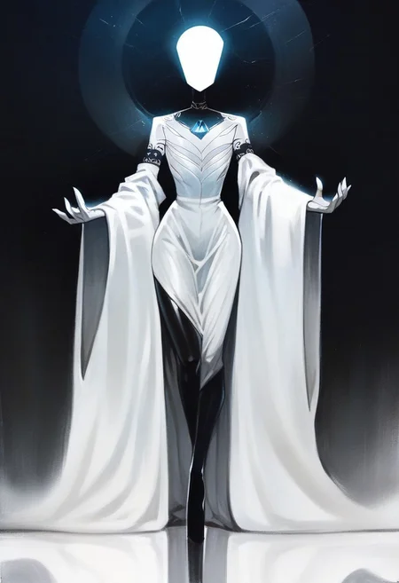 score_9, score_8_up, score_7_up, score_6_up, st3v3n, source_cartoon, solo, full body, a feminine human with a single black gem embedded in their leg, wearing white robes, white body, white skin, glowing eyes eyes, see through robes, black leg gem, white humanoid, body markings, white theme, flat chest, shiny, dynamic reflection, dark background,digital artwork, highly detailed, ultra detailed, sharp focus, Expressive, traditional media, vibrant colors, digital art, masterpiece, 4k uhd, dramatic lighting