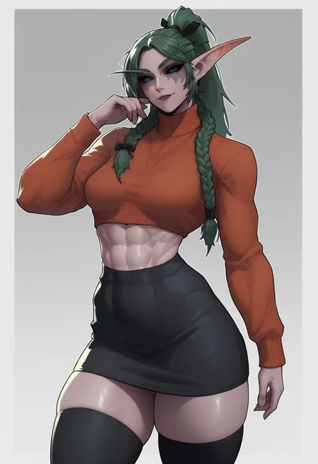 score_9, score_8_up, score_8, rating_explicit,
((tall girl)), massive body, (muscular), solo, lustfull look, looking at viewer, soft seductive smile,
TyrN, colored skin, pointy ears, elf, green hair, long hair, ponytail, twin braids, blue eyes, black sclera, medium breasts,
fhair ribbon, long hair, ribbon, two side up, parted bangs, black skirt, black thighhighs, long sleeves, red sweater, turtleneck,