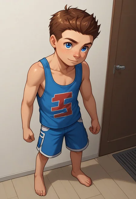 score_9, score_8_up, score_7_up, highly detailed, cute boy, 1boy, solo, young, Jack Power, Blue Eyes, Brown Hair, Freckles, Mass Master, tank top, shorts, barefoot