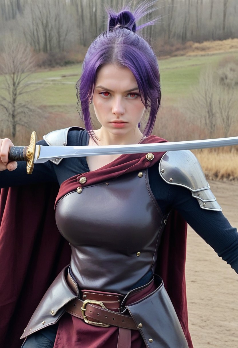 best quality, masterpiece, sfw,
n0m0, rsgrl, russian girl,
close-up shot, view from aside,
solo, holding sword, dynamic fighting pose,
1girl, 
sabia, human, purple hair, red eyes, folded ponytail,
armor, single shoulder armor, cape, single bare shoulder, clothed,
large breasts,  
looking at viewer, closed mouth,