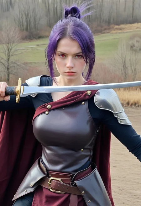 best quality, masterpiece, sfw,
n0m0, rsgrl, russian girl,
close-up shot, view from aside,
solo, holding sword, dynamic fighting pose,
1girl,
sabia, human, purple hair, red eyes, folded ponytail,
armor, single shoulder armor, cape, single bare shoulder, clothed,
large breasts,
looking at viewer, closed mouth,