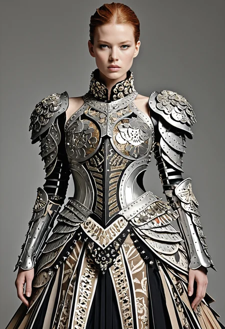 Collage style <lora:Alexander McQueen-concept art-000005:1>, alexander mcqueen, concept art, armor dress . Mixed media, layered, textural, detailed, artistic