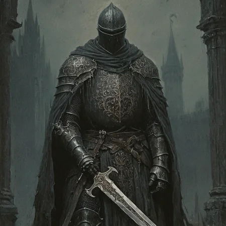 dark fantasy art style, An painting of a brooding knight wearing armor wrapped in a dark and tattered cloak holding a large ornate sword with intricate carvings, muted, eerie atmosphere, grainy, painterly texture