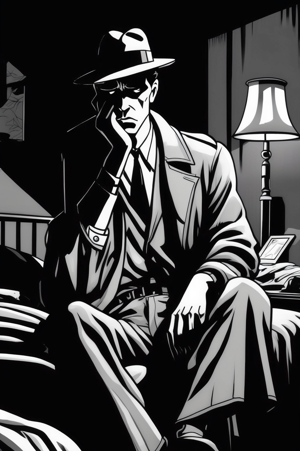 <lora:Will Eisner Style:1>Will Eisner Style - a detective sitting at the foot of his bed deep in thought and disturbed. Film noir style. Cartoon