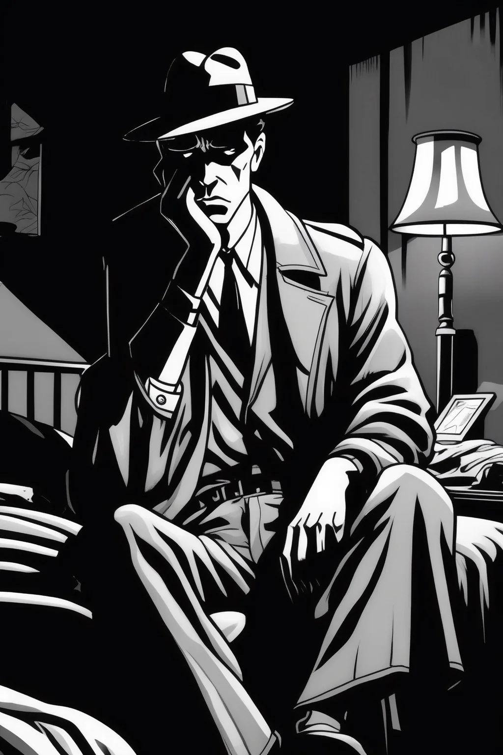 <lora:Will Eisner Style:1>Will Eisner Style - a detective sitting at the foot of his bed deep in thought and disturbed. Film noir style. Cartoon