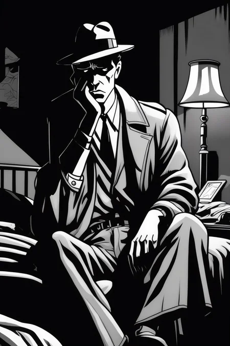 <lora:Will Eisner Style:1>Will Eisner Style - a detective sitting at the foot of his bed deep in thought and disturbed. Film noir style. Cartoon