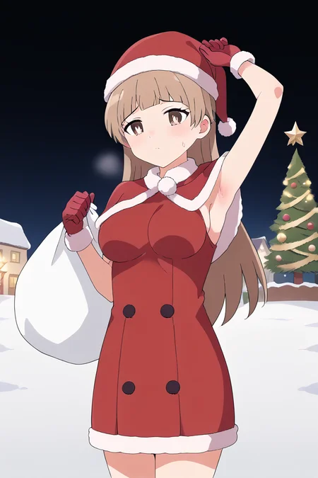 score_9, score_8_up, score_7_up , source_anime, solo, intricate details, masterpiece, high quality, prefect hands, best quality , anime screencap, <lora:DetailedEyes_V3:1> , KatanoPN, 1girl , brown eyes , white pupil , brown hair , long hair , snow , town , <lora:Katano_Bat_Holy_Envoy_Cross_Near_Heart:1> , sweating , sweat , cute , wet skin ,medium breast , armpit, <lora:santa-costume-ponyxl-lora-nochekaiser:1>, santa costume, santa hat, christmas, sack, merry christmas, gift, fur-trimmed headwear, holding sack, santa dress, fur-trimmed dress, christmas tree, christmas tree, fur trim, red capelet, gift box, red gloves, fur-trimmed capelet, santa gloves, red hat, hat,