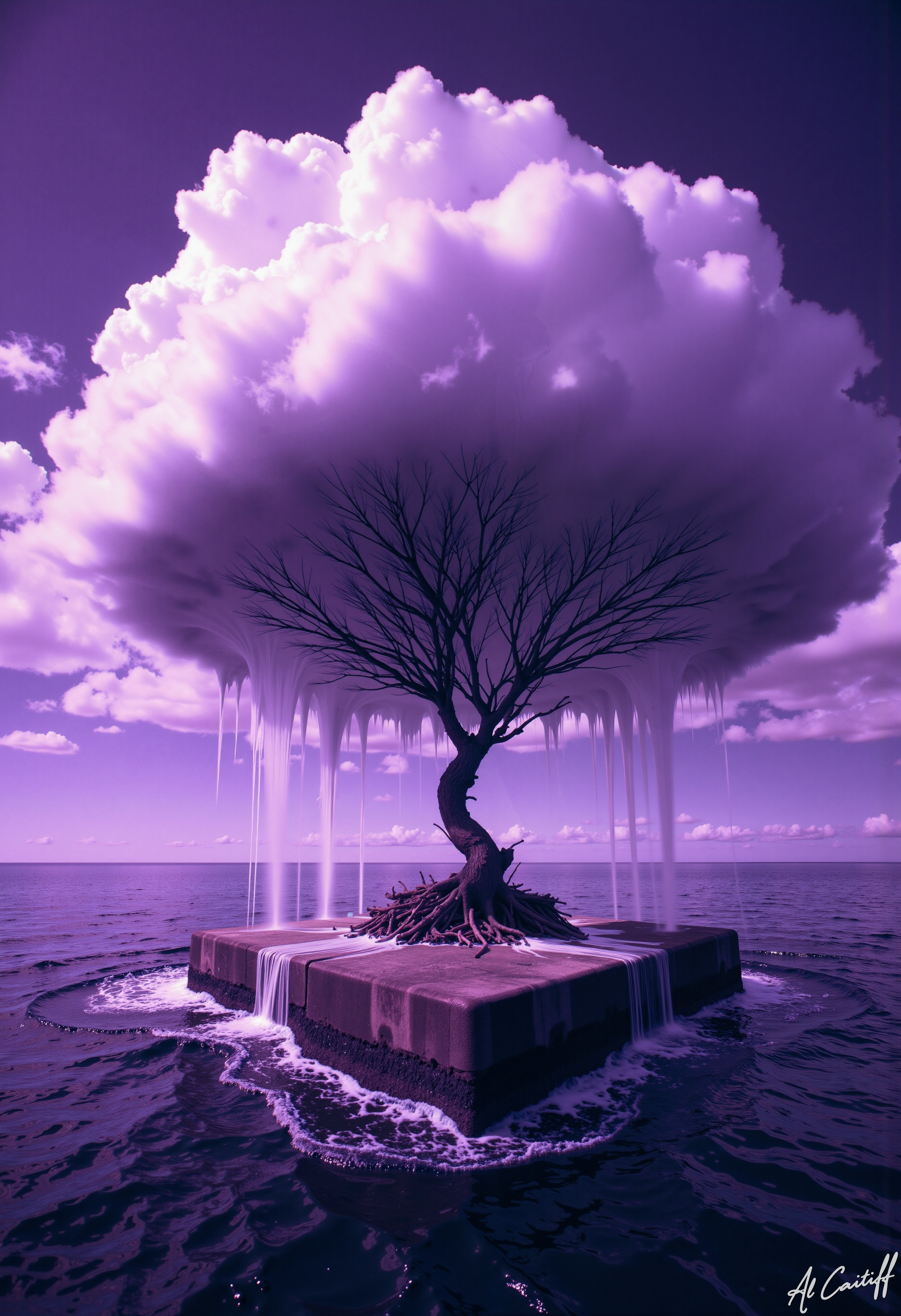 High-angle shot, 35mm fisheye lens with pronounced barrel distortion, intense motion blur on the surrounding water, extremely shallow f/1.4 depth of field. A surreal scene with a deep purple hue. A lone tree with a bare, twisted trunk rises from a square concrete slab floating in the middle of a vast, purple-tinted ocean. The tree's top is shrouded in a massive, cumulus-shaped cloud that appears to be melting or dripping, its edges blurred and distorted. The cloud is the only source of color in the scene, a brilliant white that seems to glow against the deep purple of the sky and water. The camera's fisheye distortion exaggerates the cloud's curvature, making it appear even more surreal and dreamlike.<lora:CustomFlux/MysticRealism.safetensors:1.0000000000000002:1.0000000000000002>