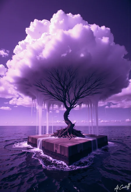 High-angle shot, 35mm fisheye lens with pronounced barrel distortion, intense motion blur on the surrounding water, extremely shallow f/1.4 depth of field. A surreal scene with a deep purple hue. A lone tree with a bare, twisted trunk rises from a square concrete slab floating in the middle of a vast, purple-tinted ocean. The tree's top is shrouded in a massive, cumulus-shaped cloud that appears to be melting or dripping, its edges blurred and distorted. The cloud is the only source of color in the scene, a brilliant white that seems to glow against the deep purple of the sky and water. The camera's fisheye distortion exaggerates the cloud's curvature, making it appear even more surreal and dreamlike.<lora:CustomFlux/MysticRealism.safetensors:1.0000000000000002:1.0000000000000002>