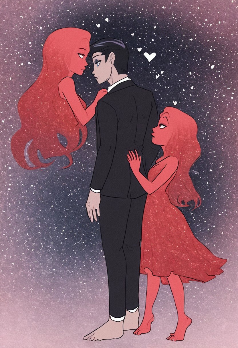 F1CNQRJCouple,This is a digital painting of a romantic scene featuring a couple in a dark, dramatic setting. The man in a black suit and the woman in a red dress stand barefoot on a reflective surface, facing each other under a heart-shaped, glowing red nebula.