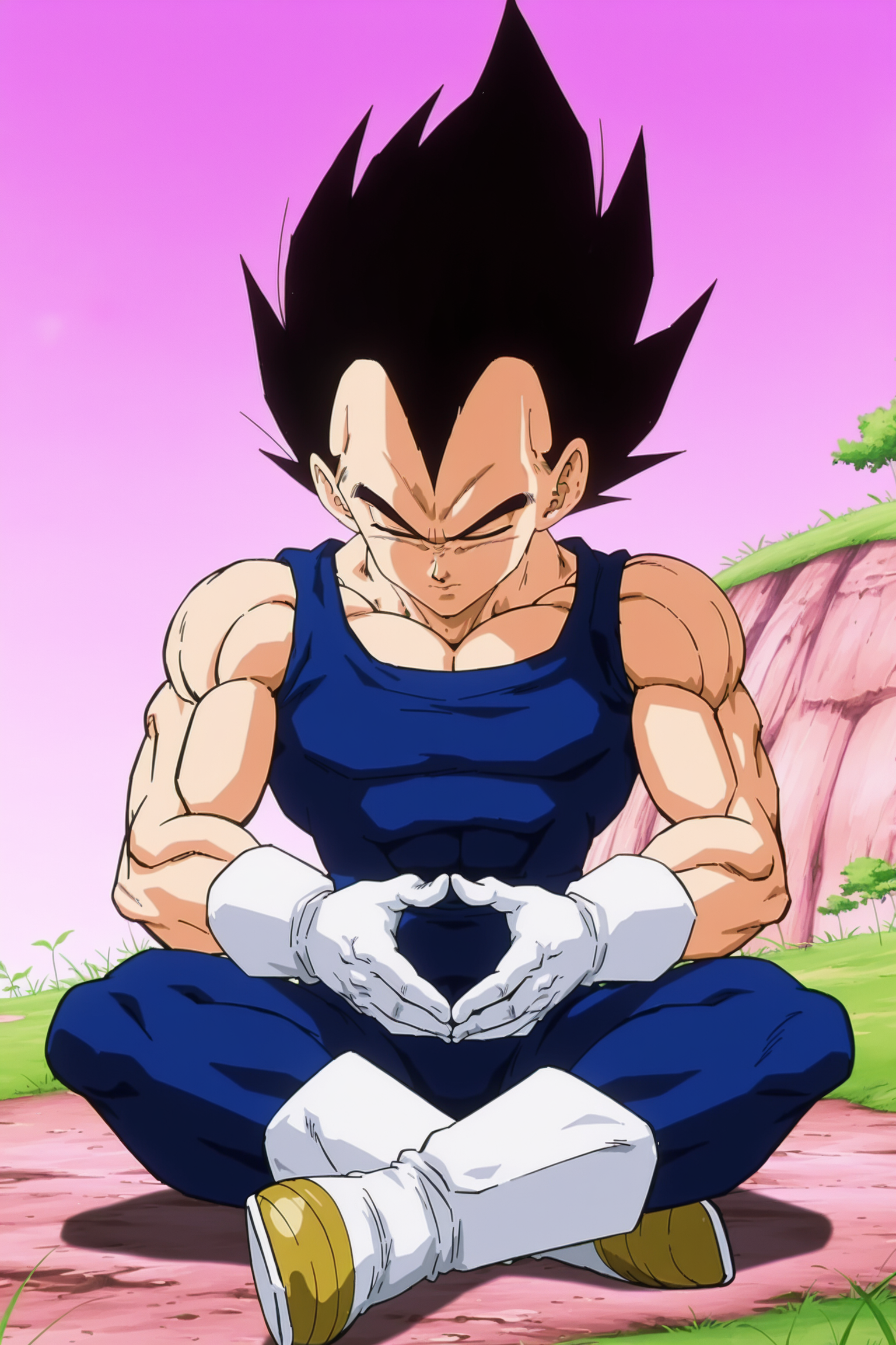 anime screencap, masterpiece, best quality, amazing quality, very aesthetic, absurdres,  newest, (scenery, volumetric lighting),
vegeta, buu saga, official alternate costume, official style, sitting, indian style, solo, spiked hair, closed eyes, black hair, 1boy, blue bodysuit, sleeveless bodysuit, bare arms, white gloves, boots, two tone footwear, white footwear, male focus, fingers together, meditating, outdoors, muscular, full body, nature, grass, pink sky
<lora:Vegeta_IL_V2:0.8>