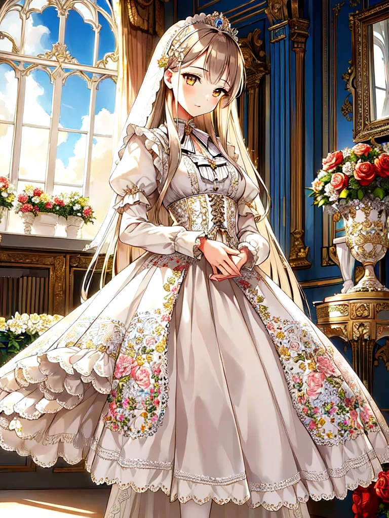 ((masterpiece)),((best quality)),(ultra-detailed),(illustration),((an extremely delicate and beautiful)),(dynamic angle),
1girl, flowers, spring, beside window, rose, very long hair, detailed face, long eyelashes, flower in eye, frilled sleeves, corset, tiara, princess,
brown eyes, clear sky, daylight, sunny, white and light blue dress, flowers, hair ornament, white lace-trimmed legwear, (lo classical:1.4), <lora:lo_fashions_v5:0.64>
bride, classical dress,