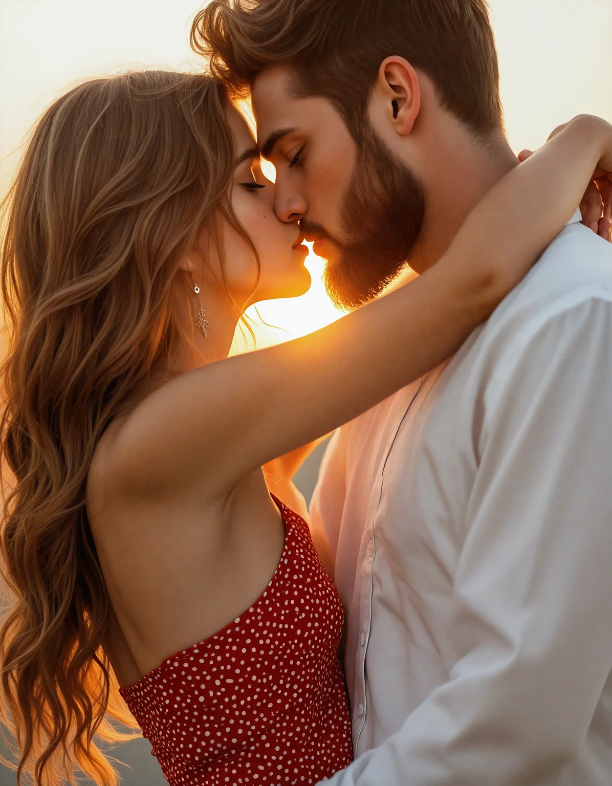 A photograph of a young couple embracing and kissing during sunset. The woman has long, wavy brown hair and is wearing a red polka-dot dress, while the man has short, dark hair and a beard. They are standing close together, with the woman's arm around the man's neck. The background is blurred, with a warm, golden light illuminating them from behind. The image has a soft, romantic feel to it., sfw, shirt