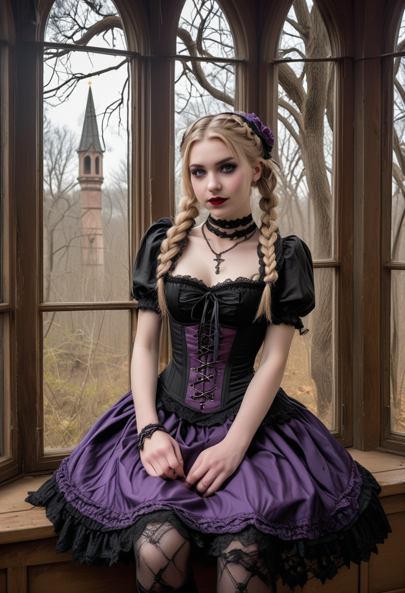 (medium full shot) of (dark gothiclolita) young woman, willowy build, medium blonde dutch braid hair, russian, tan skin, light Blue eyes, wearing a hair ribbons, deep purple victorian corset with lace sleeves, lace-trimmed skirt, lace-trimmed stockings, platform shoes, pale skin, dark red lipstick, smoky eyeshadow, black eyeliner, doll-like blush, cross necklace, wrist cuffs, set in  a foreboding forest, with gnarled branches, dark underbrush, eerie sounds, and a sense of danger church Bell Tower, Towering structure with a spiral staircase, a large bronze bell hanging from chains, wooden beams crisscrossing overhead, a panoramic window offering views of the surrounding landscape, a weathered oak bench for contemplation  , woman smiling, ,Masterpiece,best quality, raw photo, realistic, very aesthetic