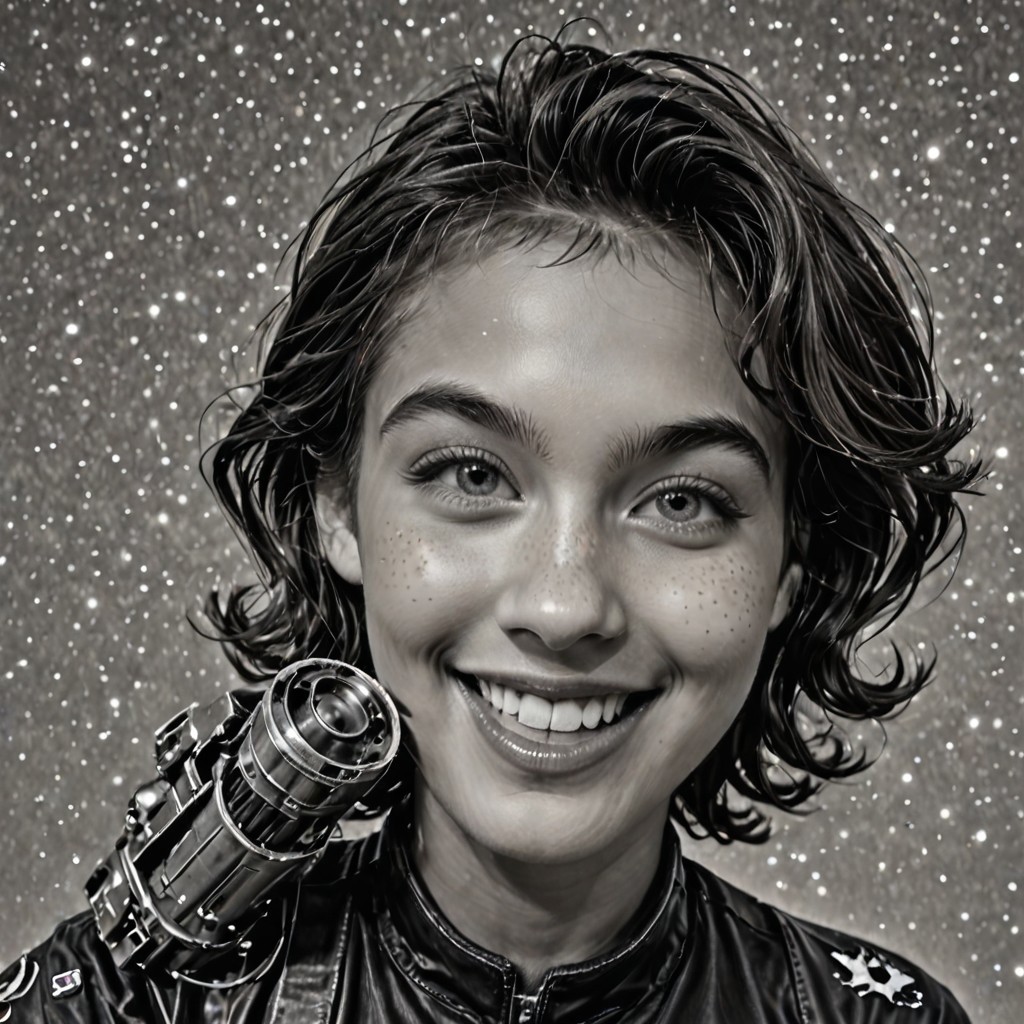 Realistic, cinematic shot, selective color, monochrome background, 4k, Gadget fighting aliens, 18yo, blaster, alien planet, Gadget, smile, perfect face, easynegative, ALRGFC, alluring face, Stable_Yogis_PDXL_Positives