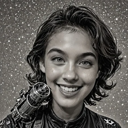 Realistic, cinematic shot, selective color, monochrome background, 4k, Gadget fighting aliens, 18yo, blaster, alien planet, Gadget, smile, perfect face, easynegative, ALRGFC, alluring face, Stable_Yogis_PDXL_Positives