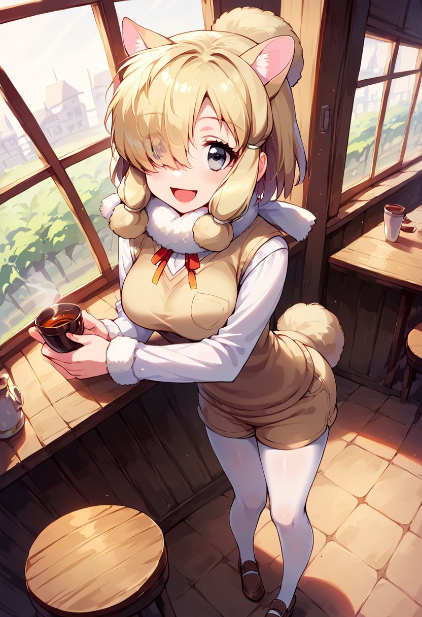 1girl, ((solo)), best quality, ultra-detailed, extremely detailed, perfect anatomy, masterpiece, score_9, score_8_up, score_7_up, Expressiveh, alpaca suri (kemono friends), alpaca ears, hair over one eye, bangs, blonde hair, grey eyes, sidelocks, hair tubes, hair bun, tail, short hair, horizontal pupils, fur scarf, white pantyhose, long sleeves, fur collar, fur trim, neck ribbon, white shirt, sweater vest, shorts, pantyhose, breast pocket, fur-trimmed sleeves, shoes, standing, open mouth smile, smile, cute, full body, cafe background, in a cafe, indoors, window with light, countertop, tables, chairs, leaning forward, dutch angle, contrapposto, full-length portrait, happy, eager, holding tea kettle,  looking at viewer,