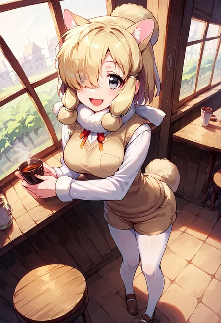 1girl, ((solo)), best quality, ultra-detailed, extremely detailed, perfect anatomy, masterpiece, score_9, score_8_up, score_7_up, Expressiveh, alpaca suri (kemono friends), alpaca ears, hair over one eye, bangs, blonde hair, grey eyes, sidelocks, hair tubes, hair bun, tail, short hair, horizontal pupils, fur scarf, white pantyhose, long sleeves, fur collar, fur trim, neck ribbon, white shirt, sweater vest, shorts, pantyhose, breast pocket, fur-trimmed sleeves, shoes, standing, open mouth smile, smile, cute, full body, cafe background, in a cafe, indoors, window with light, countertop, tables, chairs, leaning forward, dutch angle, contrapposto, full-length portrait, happy, eager, holding tea kettle,  looking at viewer,