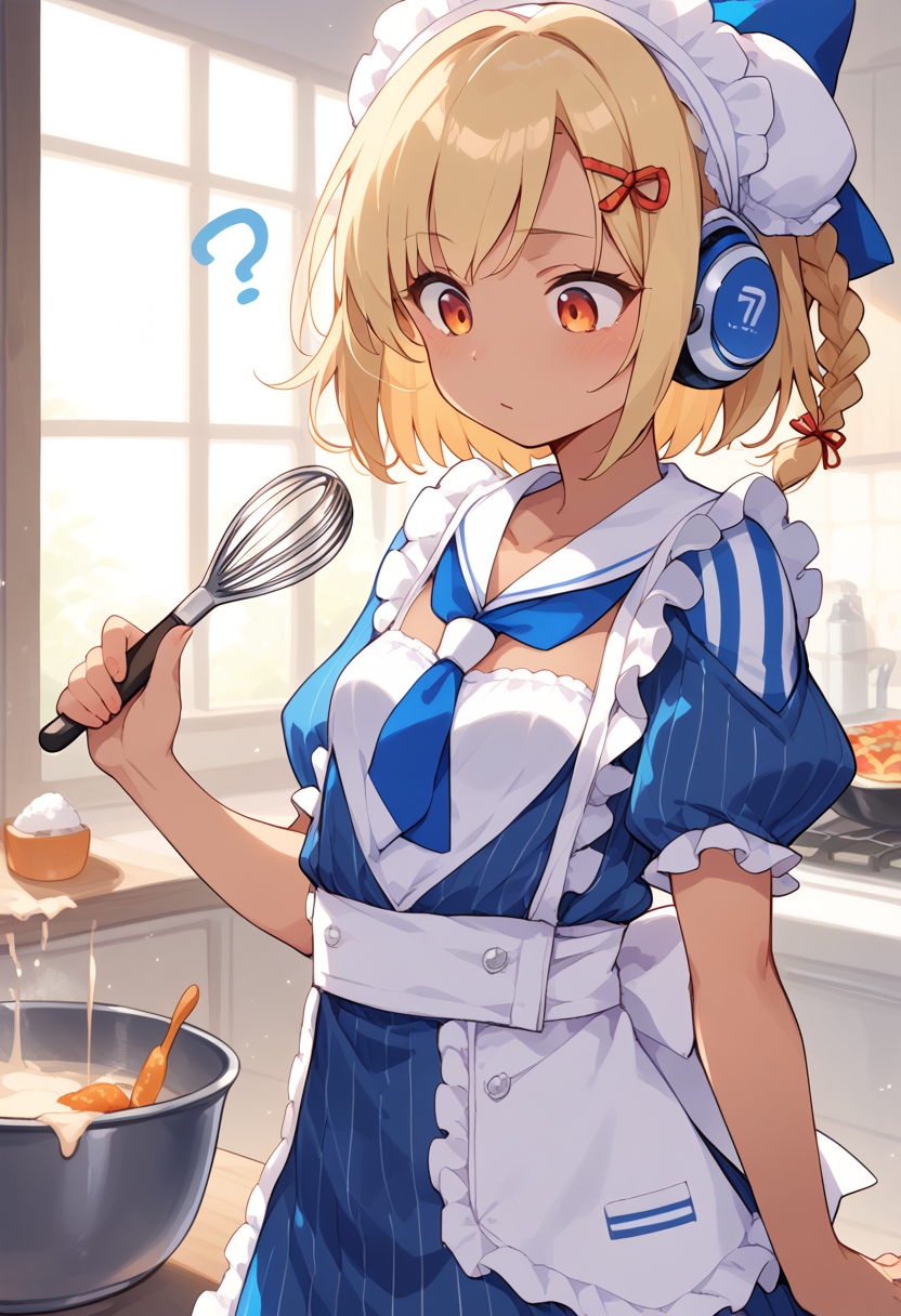 score_9,score_8_up,score_7_up,score_6_up,score_5_up,score_4_up,masterpiece,best quality,(night:1.1),1girl,solo,xiatian,dark skin,orange eyes,blonde hair,short hair,twin braids,braid,hair ribbon,blue headphones,maid headdress,blue hair bow,blue necktie,striped dress,short sleeves,puffy short sleeves,frills,waist apron,vertical stripes,<lora:xiatian:1>,looking_down,thinking,cream on face,standing,arms_behind_back,kitchen,whisk,mixing_bowl,cooking,ï¼,confused,