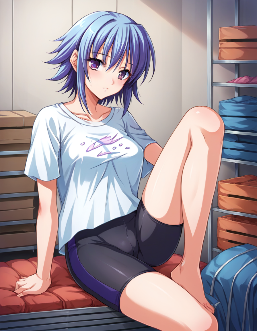 solo,1girl,<lora:hikawa_mirei-000006:0.8>,h_mirei,blue hair,purple eyes,t-shirt,bike shorts,gym storeroom,, score_9, score_8_up, score_7_up, score_6_up, score_5_up, score_4_up, BREAK source_anime,