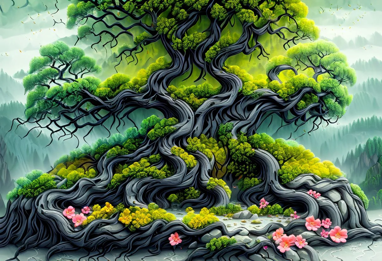large tree on an island with lots of boulders in the water, moss grows where it can along with flowers, a multitude of trees can be seen forming a forest, artflwtr
