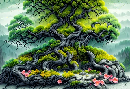 large tree on an island with lots of boulders in the water, moss grows where it can along with flowers, a multitude of trees can be seen forming a forest, artflwtr