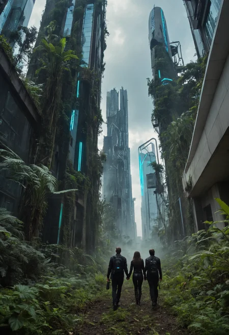 award-winning masterpiece,RAW editorial photo, a couple of people walking through a forest filled with tall buildings with plants growing on them and a sky background [21],, a hologram,<lora:Beeple-Cyberpunk:1>,Beeple (artist, beeple),cyberpunk art [197], . ,