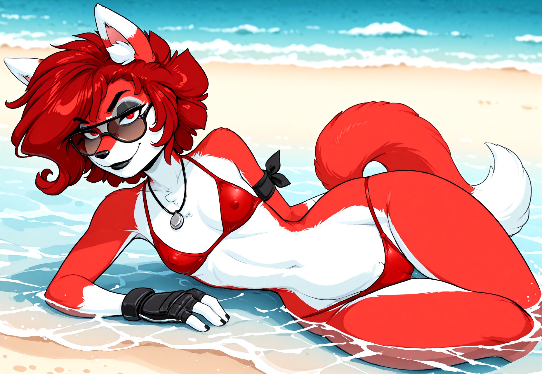 masterpiece, best quality, amazing quality, very aesthetic, absurdres, newest, detailed background, beach background, water, dynamic pose, Sinni-IL, Cinnamon

1girl, Sinni, (red hair:1.5), short hair, (curly hair), bangs, sidelocks, red eyes, animal ears, fox ears, ear tuft, (fox tail:1.5), two-tone fur, white fur, red fur, fur, black lips, furry female, animal ear fluff, snout, (wide hips:2.5), big hips, (small breasts:1.5), black nipples, black areola, thick nipples, covered nipples, cameltoe, [black eyeshadow], looking at viewer, smirking, necklace, fingerless gloves, (red bikini), armband, sunglasses, lying, leg lift, steaming body, steam, swimming, afloat, (partially submerged), in water