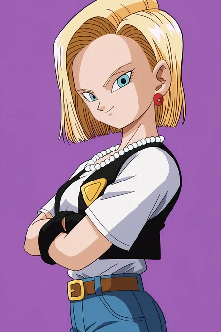 source_anime, score_9, score_8_up, score_7_up, anime screencap, absurdres,
android 18, cell saga, cell saga outfit, official style, 1girl, solo, looking at viewer, short hair, blue eyes, blonde hair, white shirt, earrings, black gloves, badge, black vest, gold bracelet, crossed arms, purple background, beads, pearl necklace, cowboy shot, belt, collarbone, denim, high-waist pants, gold chain, shirt tucked in, short sleeves, vest over shirt, v-shaped eyes, v-shaped eyebrows, smile, pocket
<lora:c18_v1:0.8>