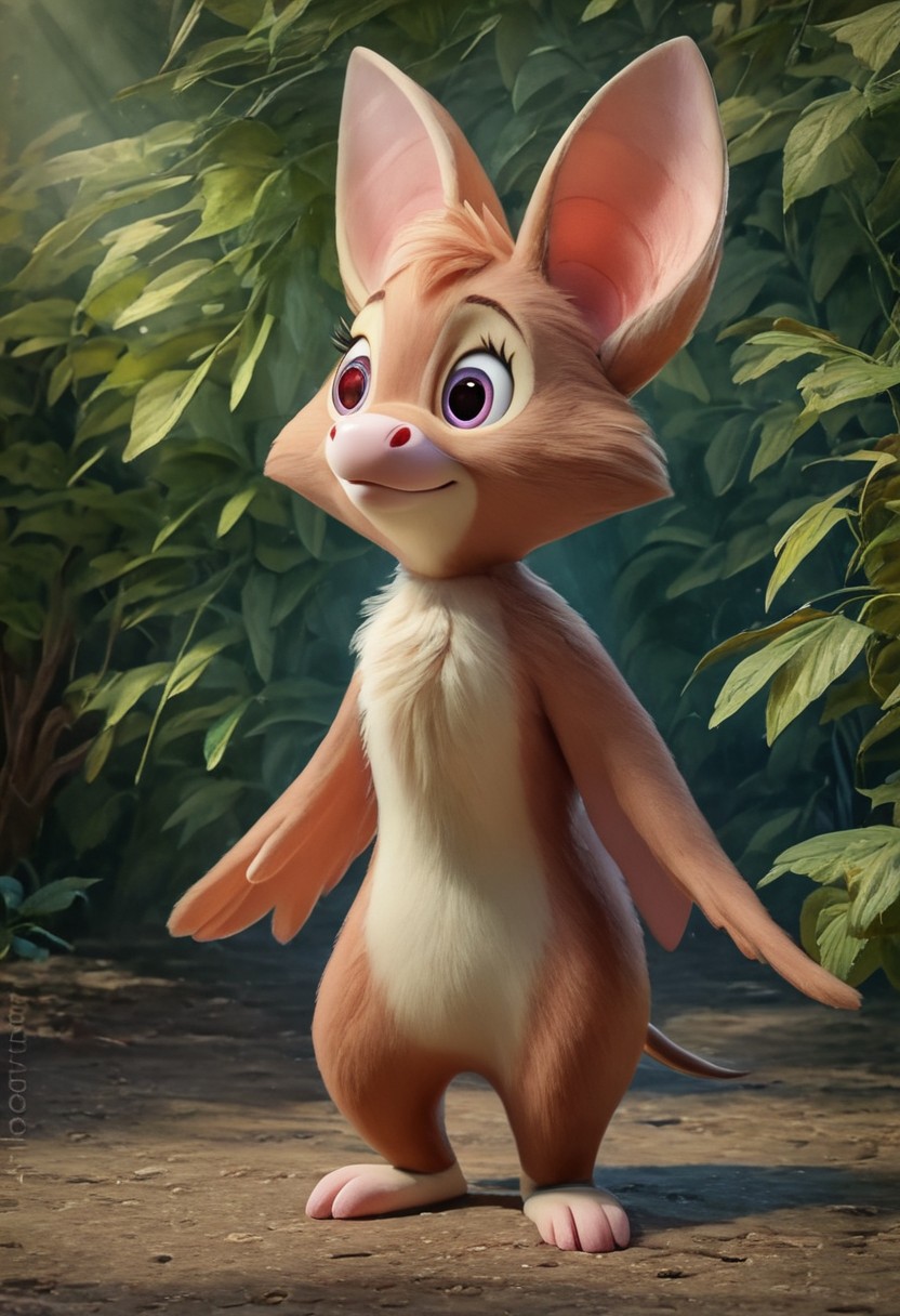 score_9_up, score_8_up, score_7_up, volume, 3d, painterly, realistic, ultra-detailed, great quality, high resolution, (((8k))), (sharp detailed:1,4) no smooth detailed. Background: forest. Foxglove Bat, anthro, solo, full body view. closed mouth, cuteness, fluffy, detailed face, (very detailed face:1.4), detailed body, (very detailed body:1.4), detailed background, (very detailed background:1.4). Style: cartoon, Disney.