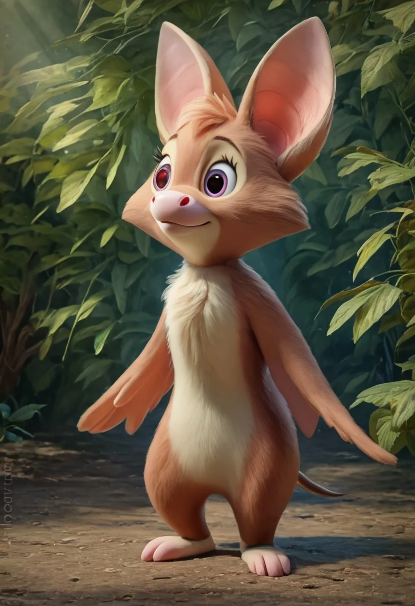 score_9_up, score_8_up, score_7_up, volume, 3d, painterly, realistic, ultra-detailed, great quality, high resolution, (((8k))), (sharp detailed:1,4) no smooth detailed. Background: forest. Foxglove Bat, anthro, solo, full body view. closed mouth, cuteness, fluffy, detailed face, (very detailed face:1.4), detailed body, (very detailed body:1.4), detailed background, (very detailed background:1.4). Style: cartoon, Disney.