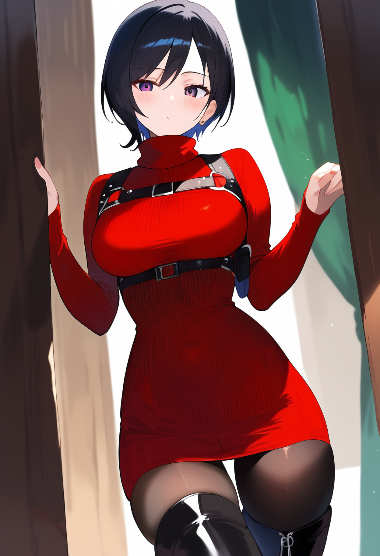 score_9, score_8_up, score_7_up,, <lora:AdaWong:0.8>, RE4, black hair, red sweater dress, turtleneck, ribbed sweater, thigh high boots, pantyhose, harness